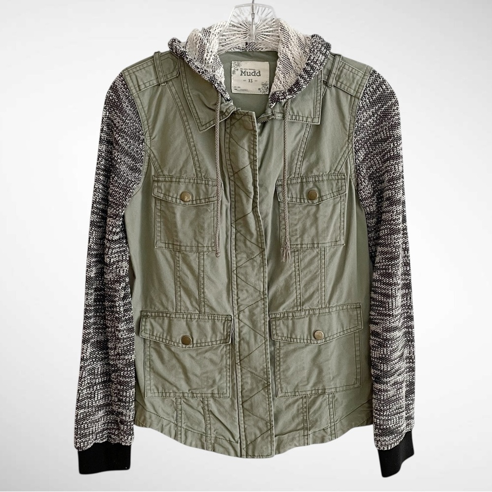 Mudd Women’s Hooded Zip-Front Utility Jacket Knit Sleeves